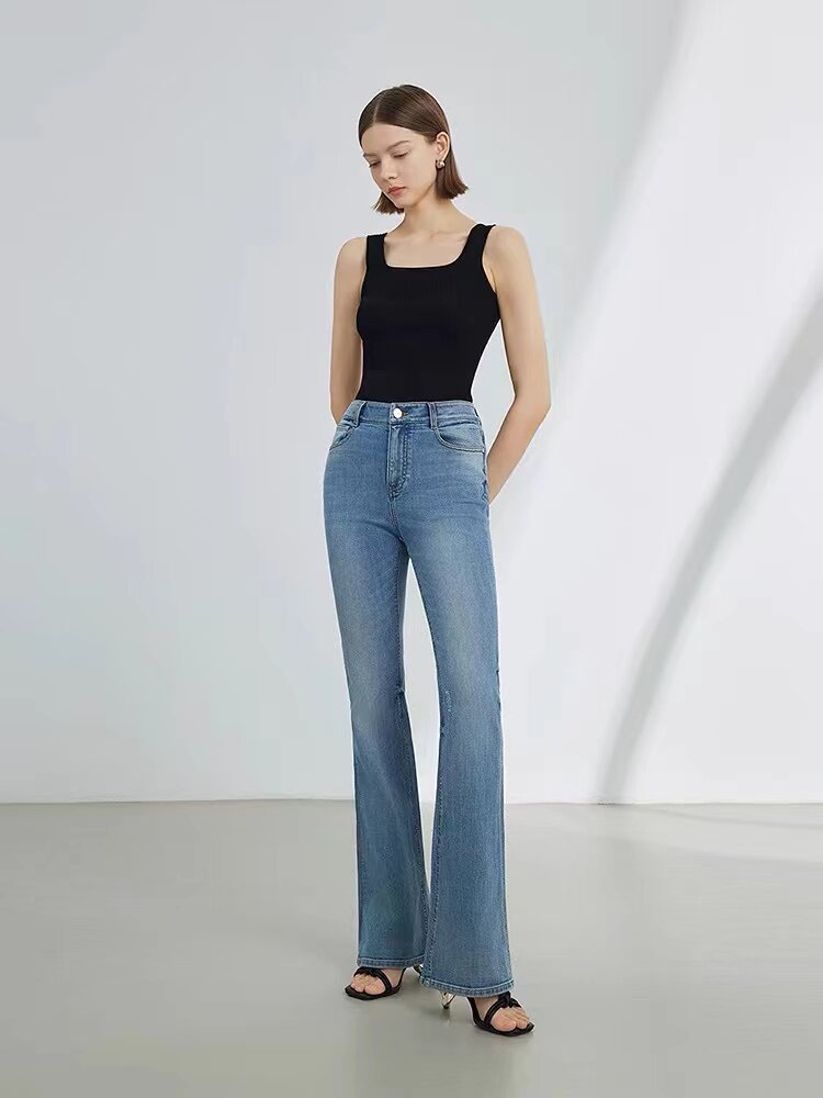 【冷晶醋酸】朗复古法式微喇高腰裤子女新款气质牛仔裤，女装牛仔裤，泰合衣坊