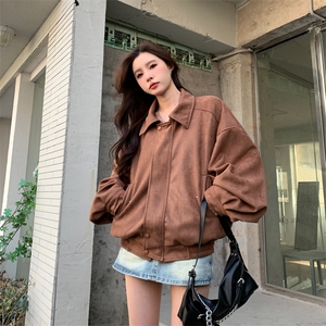 A198-P88 秋季双层内里麂皮绒夹克外套复古美式翻领宽松机车服图片