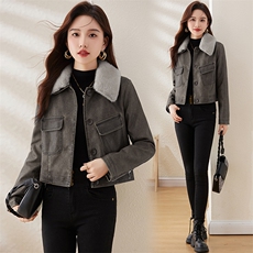 复古磨砂加绒小皮衣女修身短款2023冬季新款配毛领机车服pu皮夹克，女装棉衣/棉服，江南女神