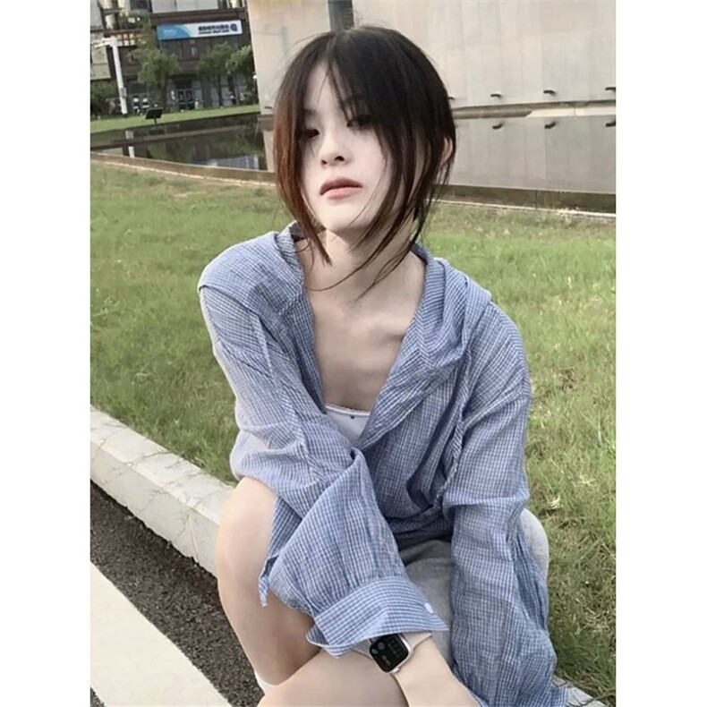 法式蓝色格纹连帽衬衫灯笼袖夏季休闲长袖上衣宽松慵懒防晒C126,男装防晒衣,星座1116A（原606A-3）