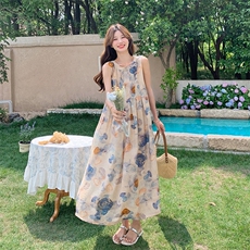 连衣裙时尚收腰女装碎花夏季蓝色碎花露背长裙吊带显瘦气质法式，女装连衣裙，2C131