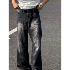 做旧扎染黑灰色牛仔裤男秋季潮牌小众高个子直筒裤宽松渐变阔腿裤，男装牛仔裤，星座613