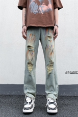 B221美式ins高街暗黑小众拉链喷墨破洞牛仔裤LK23085-P65控88，男装牛仔裤，电商B221