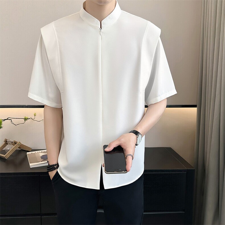 店主风~2025夏季立领假两件新中式衬衫C275/P50,男装衬衫,电商B331