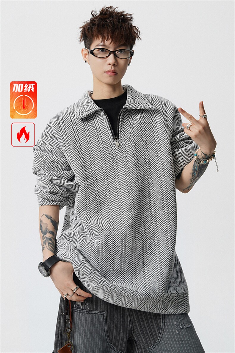 雪尼尔满天星半拉链翻领卫衣大码高级Polo衫外套LW610特P50加绒60,男装Polo衫,电商B215