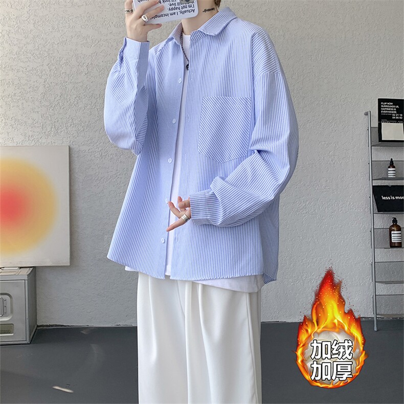 加绒衬衫男冬季新款港风宽松条纹加厚保暖长袖衬衣JR89-P39,男装衬衫,星座214-3