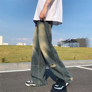 2023春秋牛仔裤男美式破洞撞色宽松复古高街嘻哈阔腿裤N0634-P45图片
