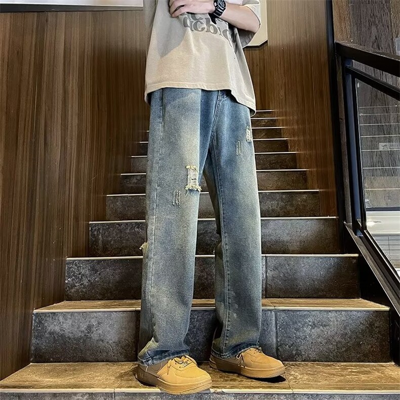破洞牛仔裤男欧美vibe风痞帅直筒裤美式高街ins复古裤子AN02-P43,男装牛仔裤,星座1008