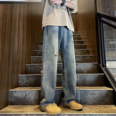 破洞牛仔裤男欧美vibe风痞帅直筒裤美式高街ins复古裤子AN02-P43，男装牛仔裤，星座1008