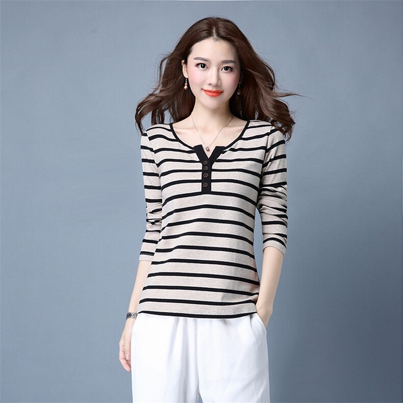 粗横条纹圆领长袖修身2021年秋季收腰简约雪纺衫，女装蕾丝衫/雪纺衫，鑫鑫格