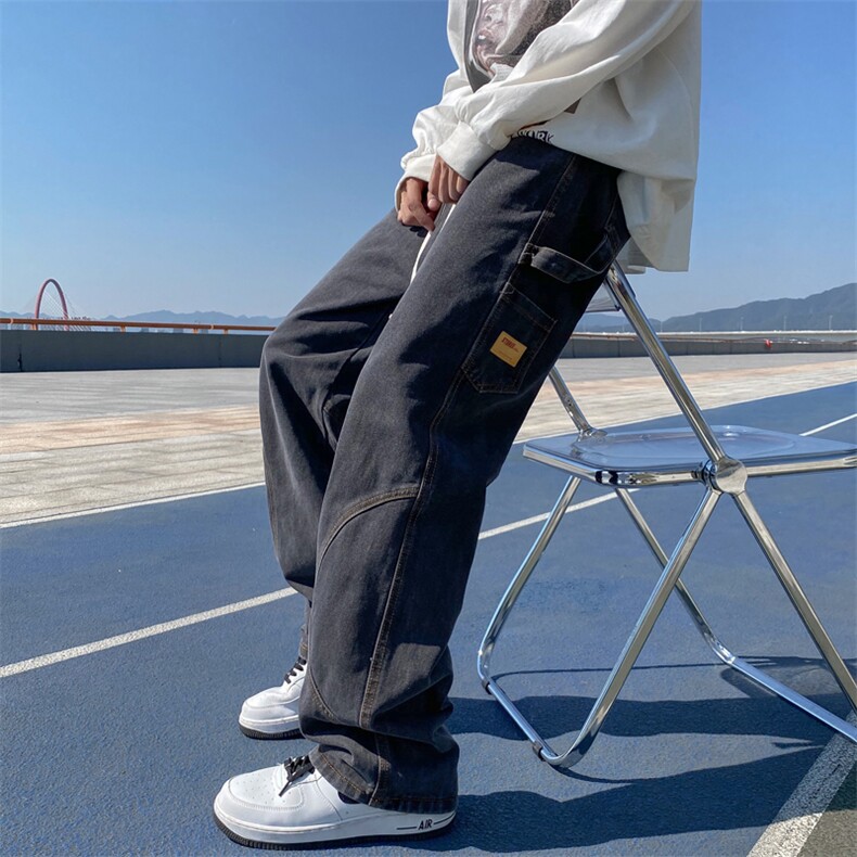 牛仔裤直筒宽松口袋设计阔腿拖地裤韩版潮流裤N0620-P45,男装牛仔裤,星座308B-1