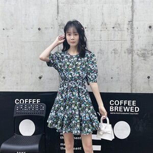 现货已出不断货2021夏装新款碎花连衣裙 166-QZ02P65 蓝色,女装连衣裙,茜茜公主