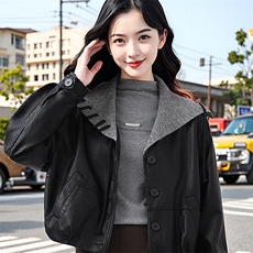 现货休闲时尚针织拼接皮衣外套，女装皮衣，韩蔻秀