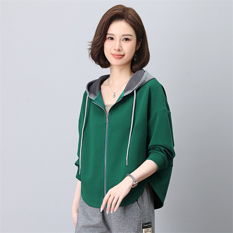 时尚气质休闲宽松撞色插肩袖连帽上衣女外套,女装短外套,依恋蒂丝