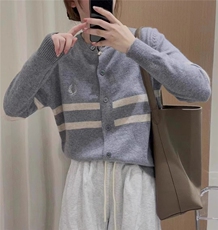 时尚百搭条纹羊毛针织衫显瘦修身长袖开衫外套，女装针织衫/毛衣，鑫之绒