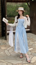 【度假风】温柔甜美格子吊带连衣裙+防晒针织开衫A234-P145-k218，女装套装/套裙，2D148