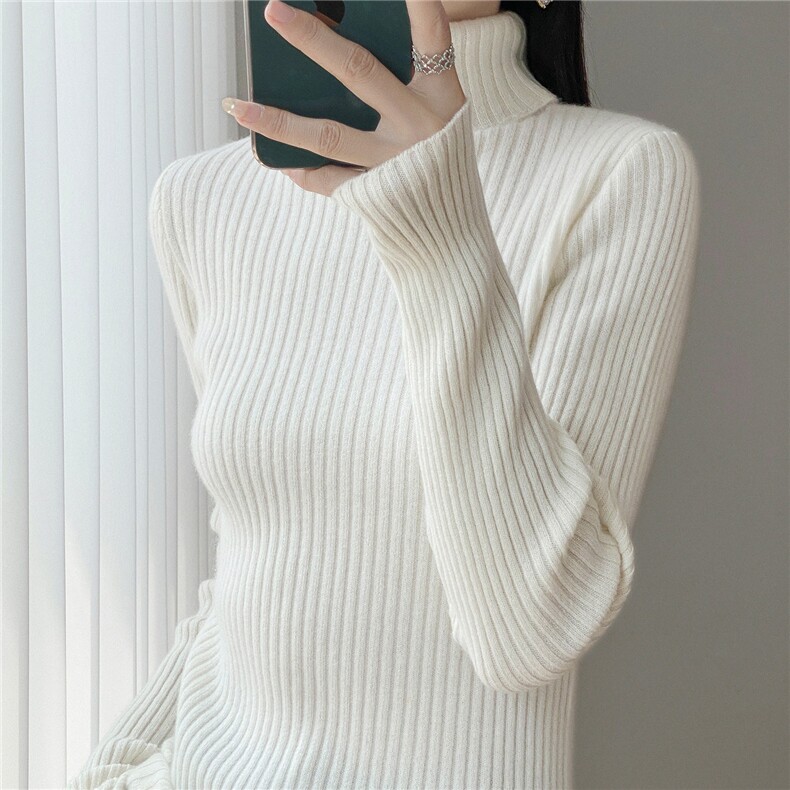 2025年秋季套头常规长袖抽条高翻领时尚百搭通勤，女装针织衫/毛衣，赛冬羊绒