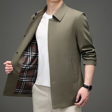 2023秋季新款男士中长款风衣休闲宽松翻领长袖薄款中年上衣外套，男装风衣，电商B212（原钱塘6029）