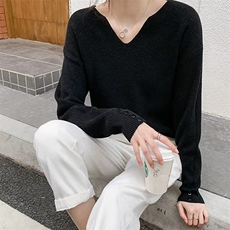 时尚宽松V领抽条毛衣百搭显瘦长袖针织衫，女装针织衫/毛衣，鑫之绒