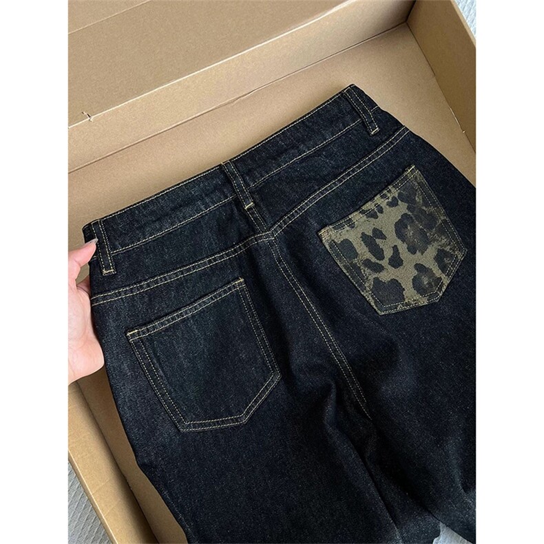 AK2476-P55宽松阔腿牛仔裤女高腰拼接豹纹卷边垂感直筒拖地长裤,女装休闲裤,星座617A-2