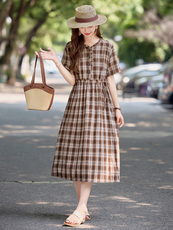 时尚收腰格子气质连衣裙女2025夏装新款妈妈大码洋气休闲棉麻裙子，女装大码女装，依万里