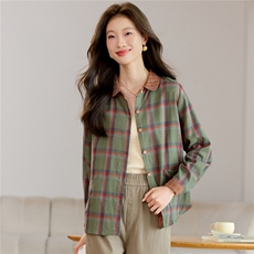 衬衫女长袖2026春秋新款大码宽松遮肚上衣洋气减龄撞色格子衬衫，女装衬衫，独衣靓