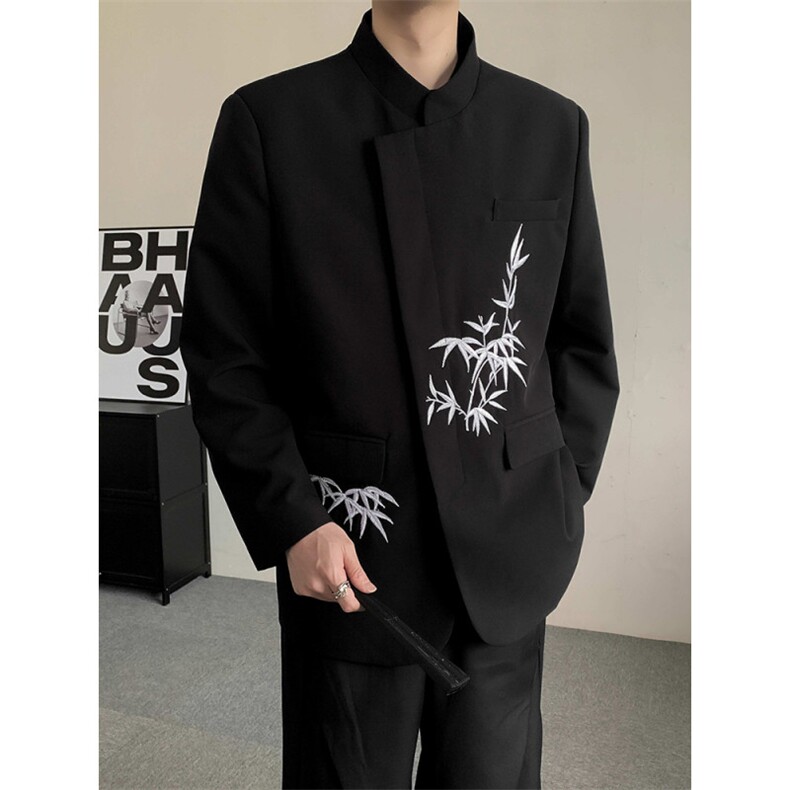 新中式立领西服外套男士2025春秋新款竹子刺绣中山装新郎订婚礼服,男装西服套装,星座909