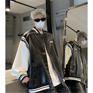 港风 美式复古拼接罗纹pu棒球服情侣皮衣夹克外套男女 G1094 P108图片