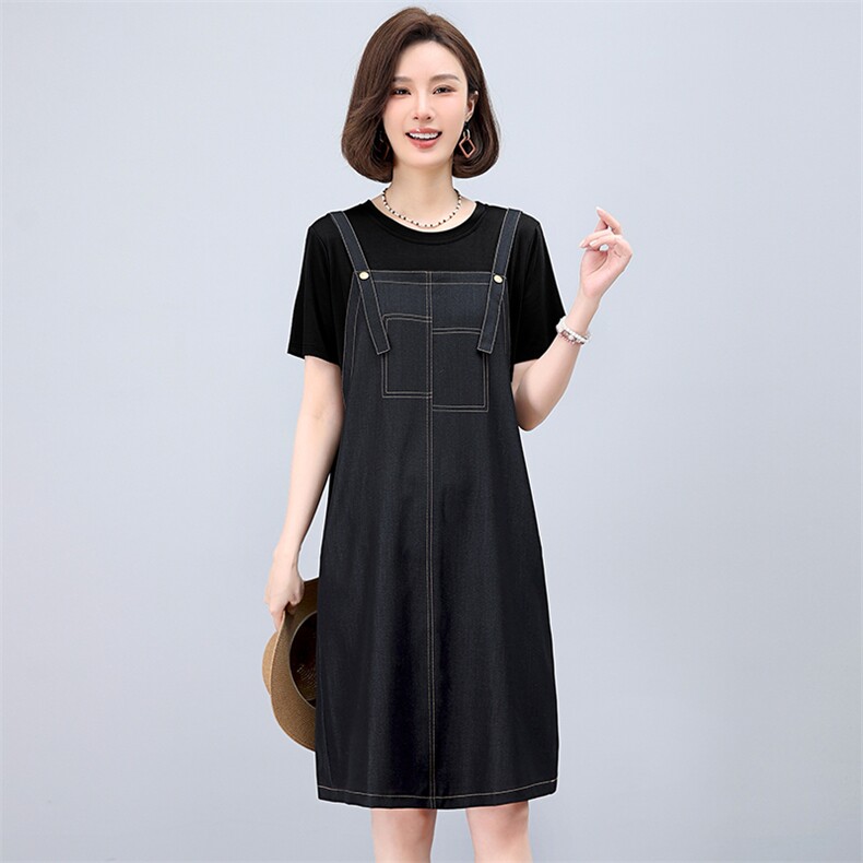 连衣裙女夏季假两件针织拼接天丝牛仔休闲时尚简约裙子,女装连衣裙,曼沙奕珂