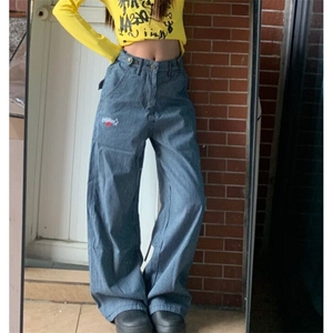 美式刺绣复古休闲竖条纹牛仔裤男女直筒百搭宽松显瘦慵懒长裤D124图片