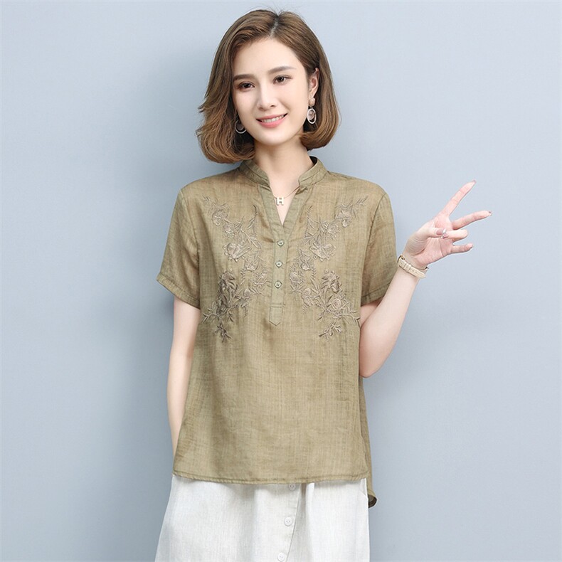 棉麻衬衫女夏2025新款高端大码宽松苎麻小衫中年妈妈短袖亚麻上衣,女装T恤,丽影随形