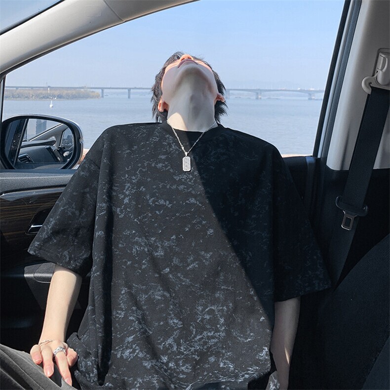 得物抖音品质二开240克重磅宽松纯棉美式做旧扎染工艺短袖T恤,男装T恤,电商A486-1
