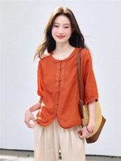 长期现货2026夏季新款天丝苎麻衬衫女中年妈妈宽松圆领中袖T恤女，女装衬衫，璐依舞