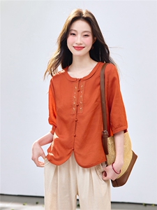 长期现货2026夏季新款天丝苎麻衬衫女中年妈妈宽松圆领中袖T恤女图片
