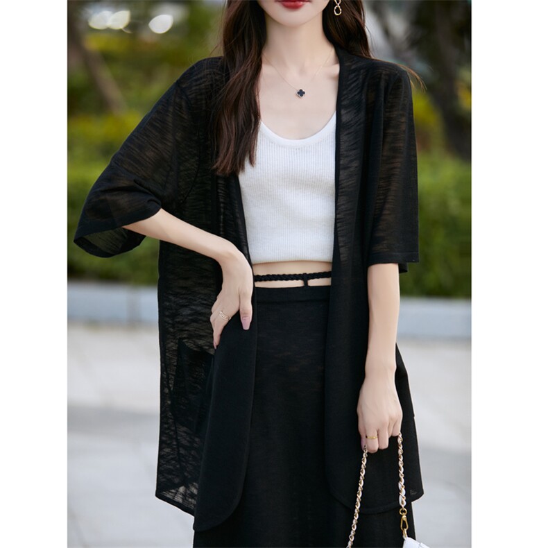 新款竹节麻无扣带兜长款开衫女宽松显瘦简约时尚百搭外套,女装衬衫,东远绒业