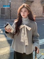 现货主推款2026早春蝴蝶结圆领双面羊毛呢小个子女短双色羊毛外套，女装双面呢大衣，丝露依尚（原SL）