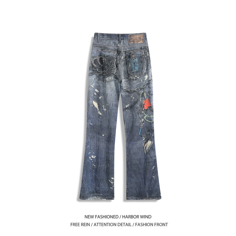夏季新款美式高街泼墨印花裤链微喇牛仔裤B315-K25448-特p50控98,男装牛仔裤,电商B315