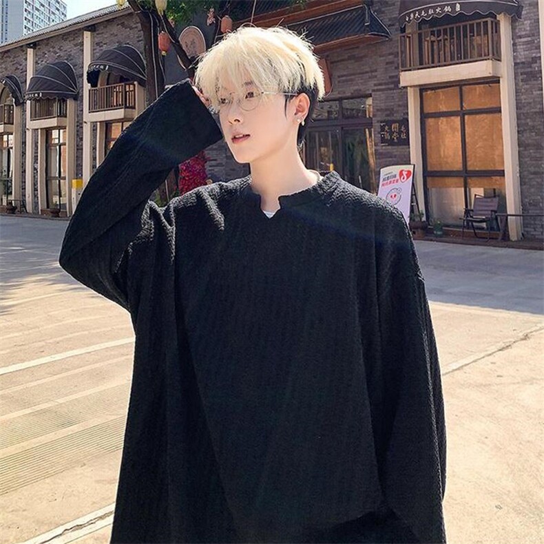 美式高街千鸟格子长袖T恤男女亨利V领英伦雅痞休闲宽松长袖打底衫，男装T恤，电商A443