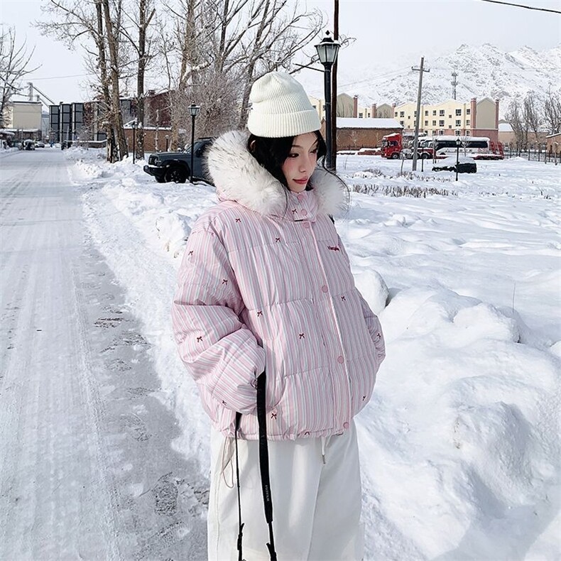 冬季女2025新款韩版设计感条纹蝴蝶结保暖连帽棉服外套,男装棉衣,星座1210-1