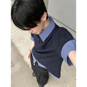 网图有货 夏季美式藏青色假两件格子拼接polo领短袖男女 A600-P40图片