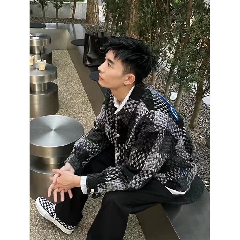 1506/QW10220/P58美式复古针织格子套装高级感日系潮牌棒球服套装,男装休闲套装,星座1506