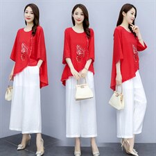 2021夏季新款简约气质圆领时尚图案刺绣宽松休闲舒适棉麻两件套，女装套装/套裙，韩宇舍