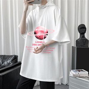 LD54184-P45 连帽短袖t恤男大码胖子带帽五分袖中袖图片