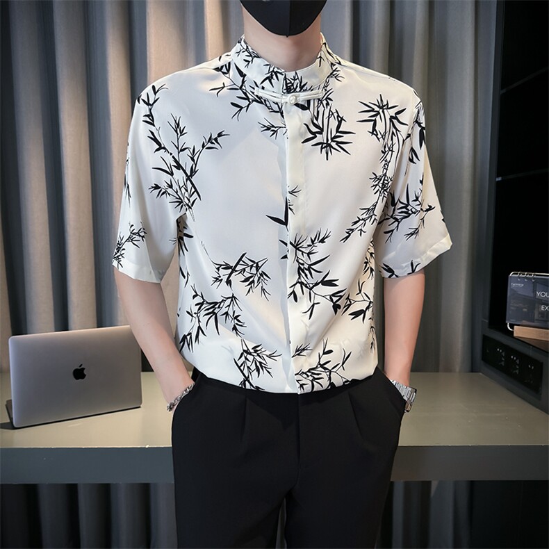 抖音夏季新中式风立领竹叶短袖衬衫男冰丝衬衣A236-0830-P50,男装衬衫,电商A236
