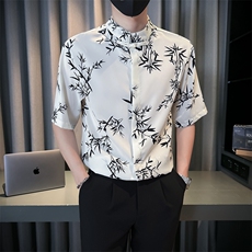 抖音夏季新中式风立领竹叶短袖衬衫男冰丝衬衣A236-0830-P50，男装衬衫，电商A236