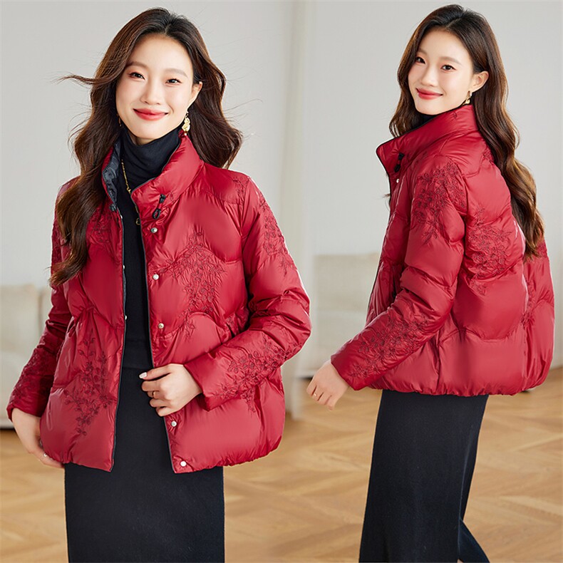 新中式刺绣羽绒服女款2024新款女士冬季短款轻薄立领白鸭绒外套女,女装羽绒服,浙宝281