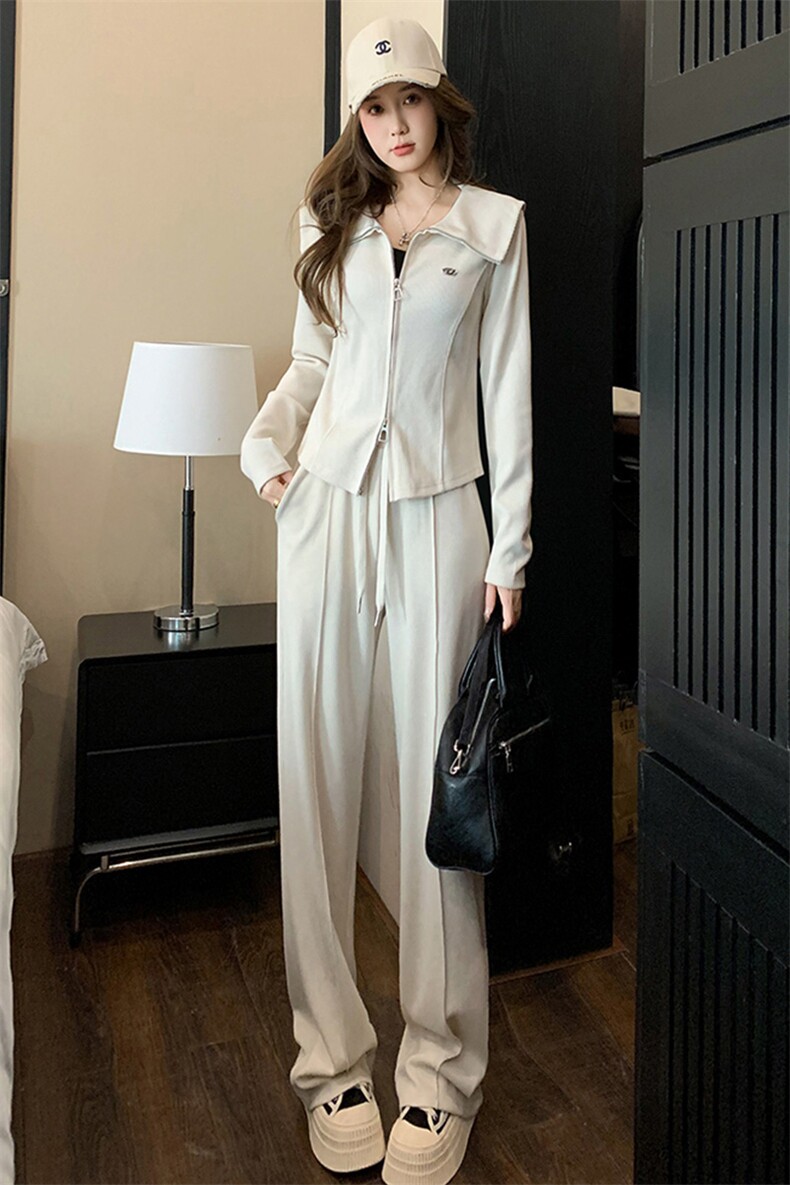 韩版休闲时尚运动套装女春季新拉链刺绣大翻领卫衣阔腿裤卫两件套,女装套装/套裙,江南