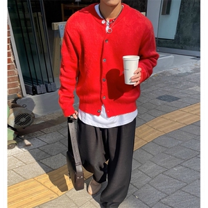 MY45-P78 复古红色圆领针织衫男新款纯色慵懒风毛衣韩版开衫外套图片