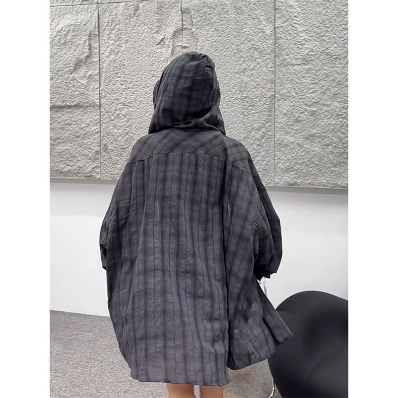 慵懒风松弛感格纹防晒衬衫女新款夏季宽松长袖亚麻上衣连帽外套潮,男装防晒衣,星座1210-1