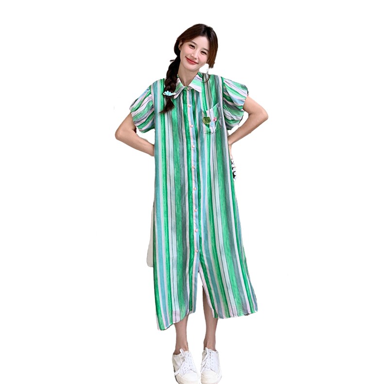 小众气质衬衫连衣裙女2025年夏季新款时尚条纹长裙宽松高级感裙子,女装连衣裙,2C115